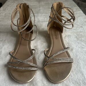 Women's Ankle Strap Rhinestones Low Wedge Gold Sandal!
